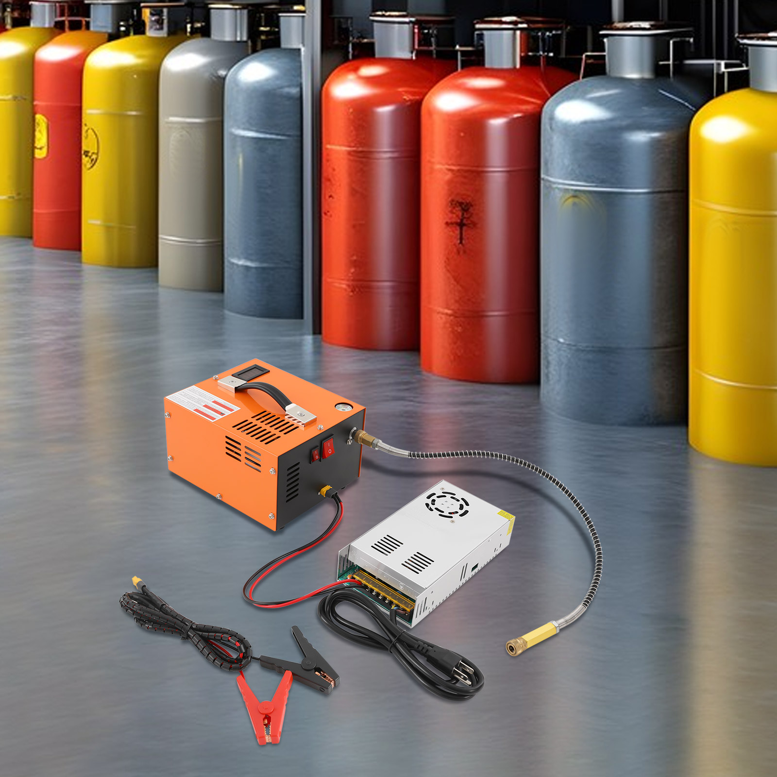 Outdoor Adventure Ideas - ปั๊มลมแรงดันสูงสแตนเลสสีส้ม, ใช้พลังงานคู่ แบตเตอรี่รถยนต์ 12V DC และหม้อแปลงไฟฟ้า