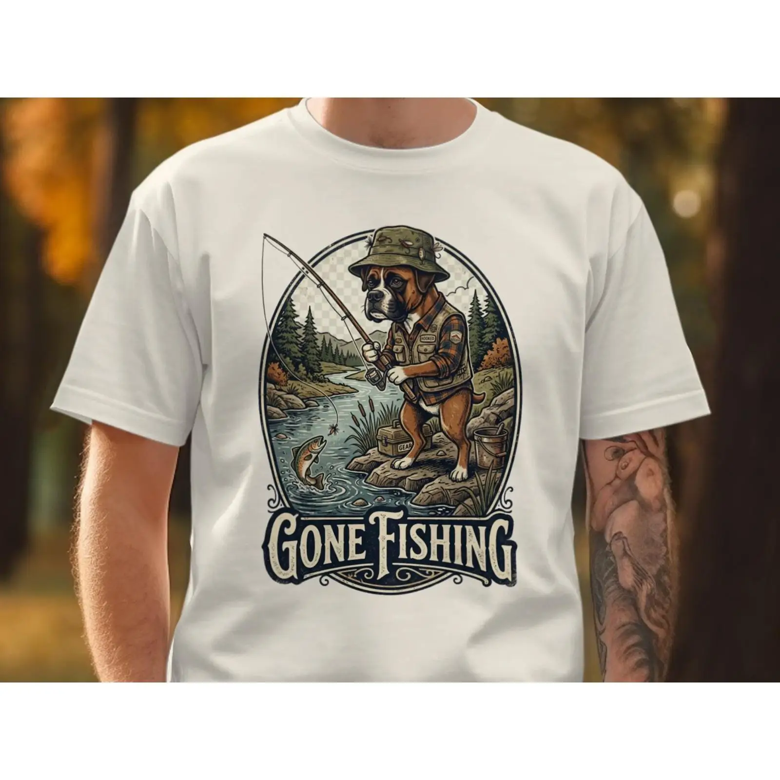 Outdoor Adventure Ideas - เสื้อยืด Gone Fishing ลายตลก รูปสุนัขพันธุ์บ็อกเซอร์ นักตกปลา