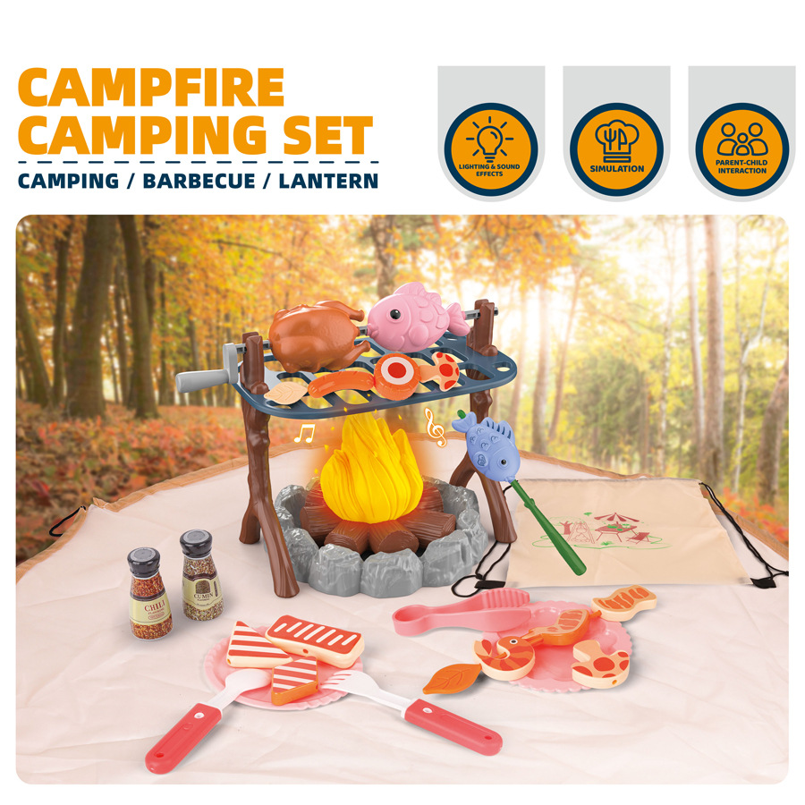Outdoor Adventure Tent - ชุดเครื่องมือผจญภัยกลางแจ้งสำหรับเด็ก ของเล่นจำลองการตั้งแคมป์พร้อมเต็นท์และกองไฟ มีแสงและเสียง ของขวัญวันเกิดและวันหยุดสำหรับกิจกรรมกลางแจ้ง