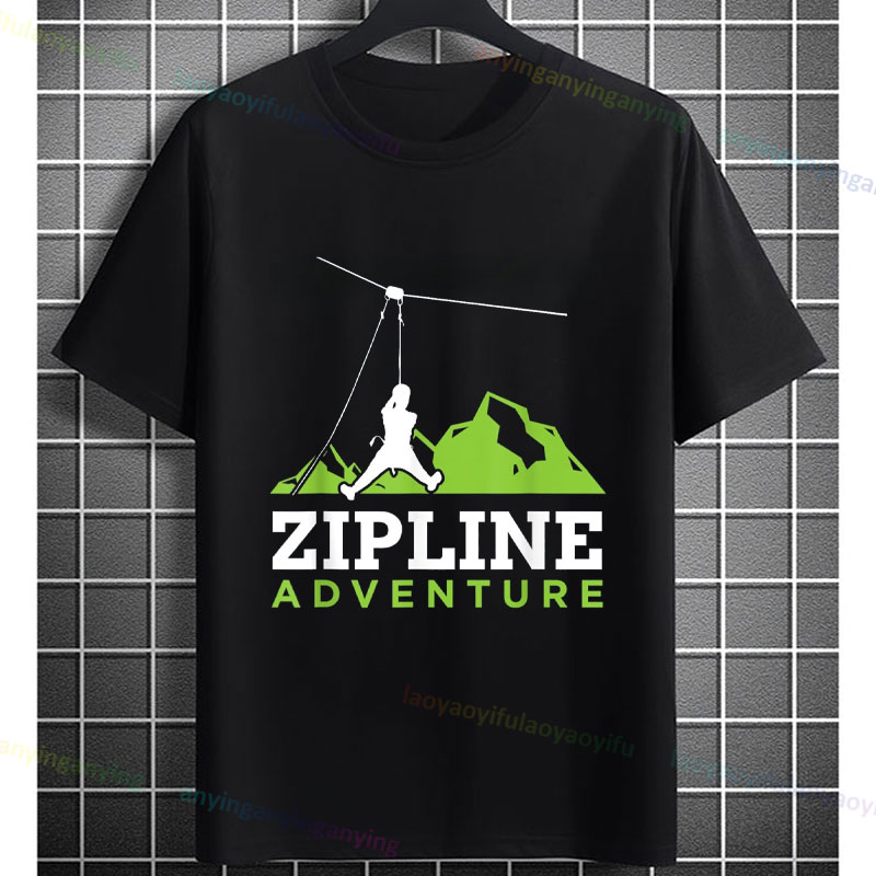 Outdoor Adventure Zipline - เสื้อยืดลายกราฟิกผจญภัยซิปไลน์สำหรับผู้ชายและผู้หญิงผ้าฝ้ายแท้แขนสั้นลำลองกีฬากลางแจ้งเสื้อยืดแฟชั่นสตรีทแวร์