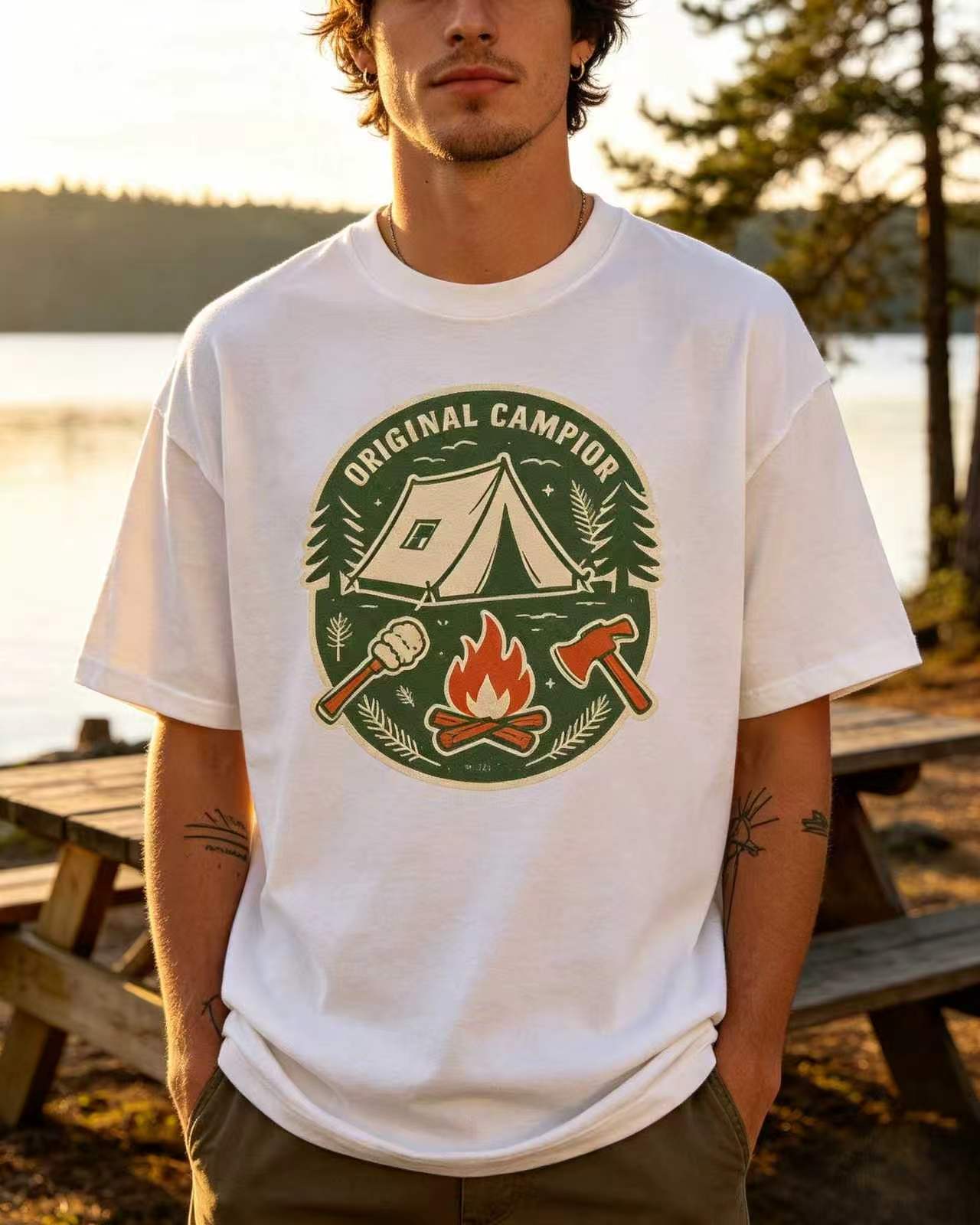 Outdoor Adventure Tent - เสื้อยืดลายกราฟิกแคมป์เฟอร์ แคมป์เต็นท์ ขวาน ป่าไม้ สำหรับผู้ชายและผู้หญิง สไตล์วินเทจ