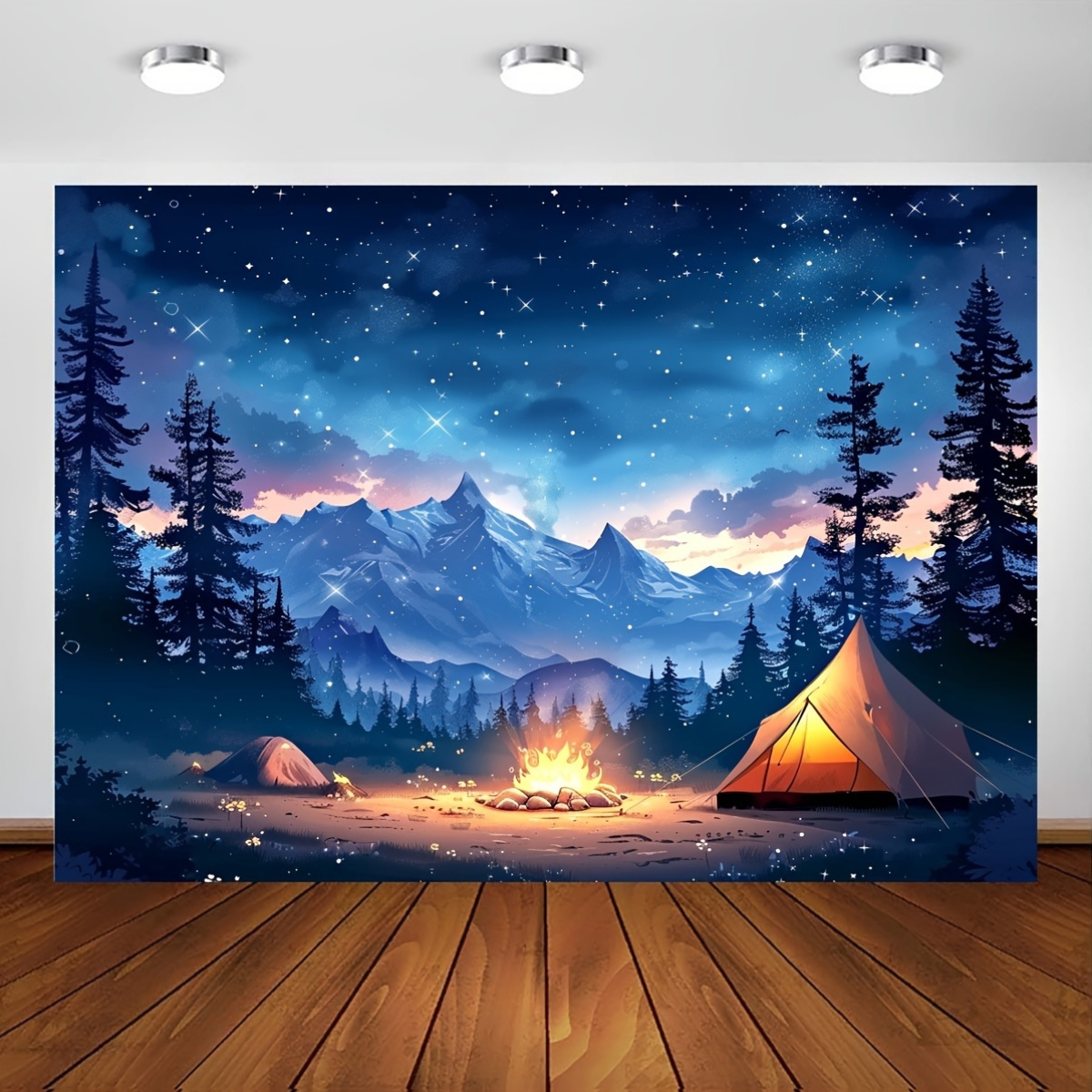 Outdoor Adventure Tent - ฉากหลังแคมป์ปิ้งกลางคืนแบบ 2 มิติ ลายท้องฟ้าเต็มไปด้วยดวงดาว ผ้าพิมพ์ลาย 2
